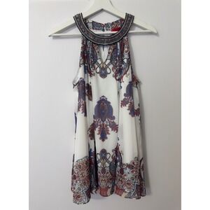 Cristina Paisley Halter Dress M White Red Blue Beaded Neck Boho Y2K Ethereal